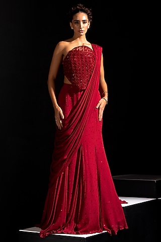 Deep Red Mesh & Crepe Embellished Lehenga Set by Vesture