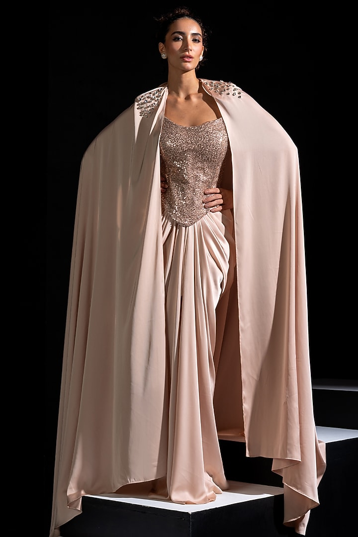 Rose Gold Armani Satin Draped Skirt Set by Vesture at Pernia's Pop Up Shop