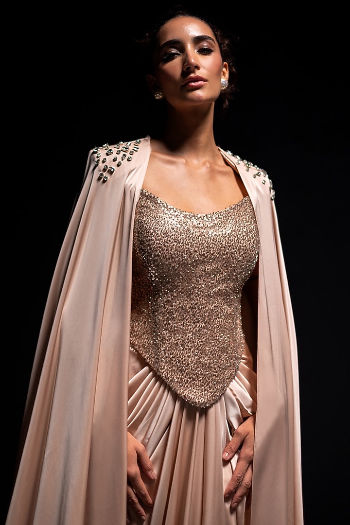 Rose Gold Armani Satin Draped Skirt Set by Vesture at Pernia's Pop Up Shop