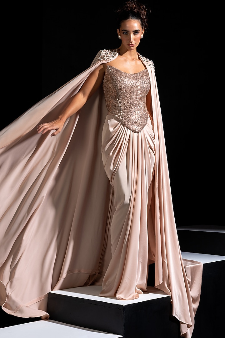 Pernia's Pop Up Shop - Vesture Women Rose Gold Armani Satin Draped Skirt Set