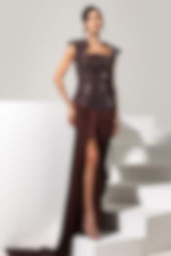 Brown Armani Satin Draped Skirt Set by Vesture at Pernia's Pop Up Shop