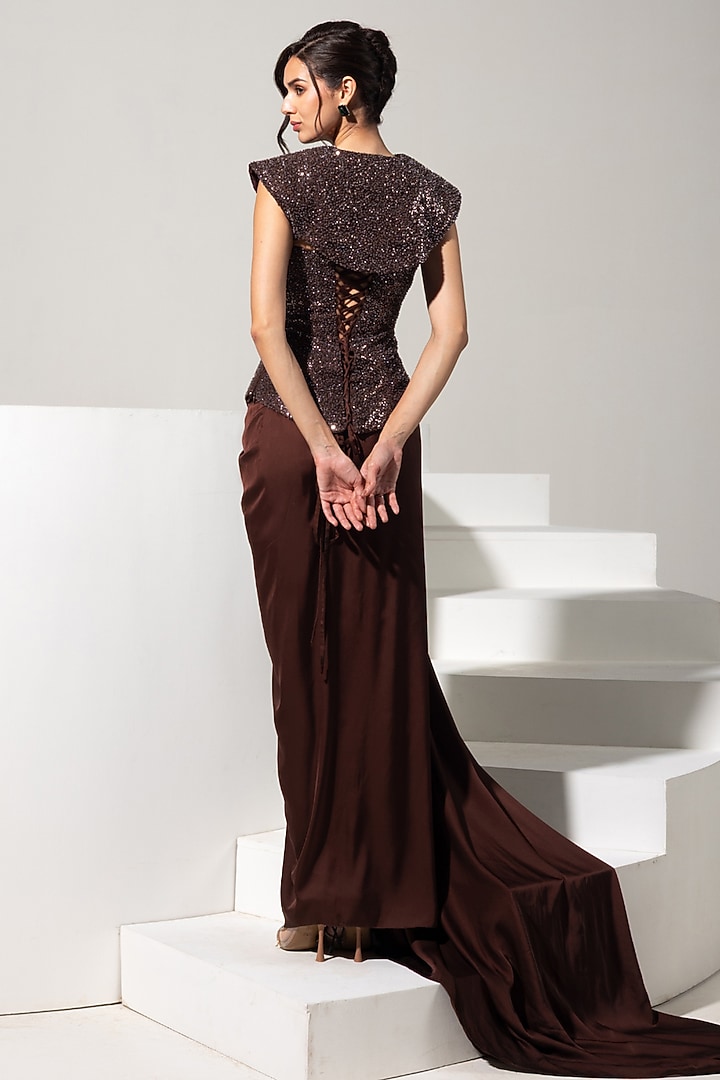 Brown Armani Satin Draped Skirt Set by Vesture at Pernia's Pop Up Shop