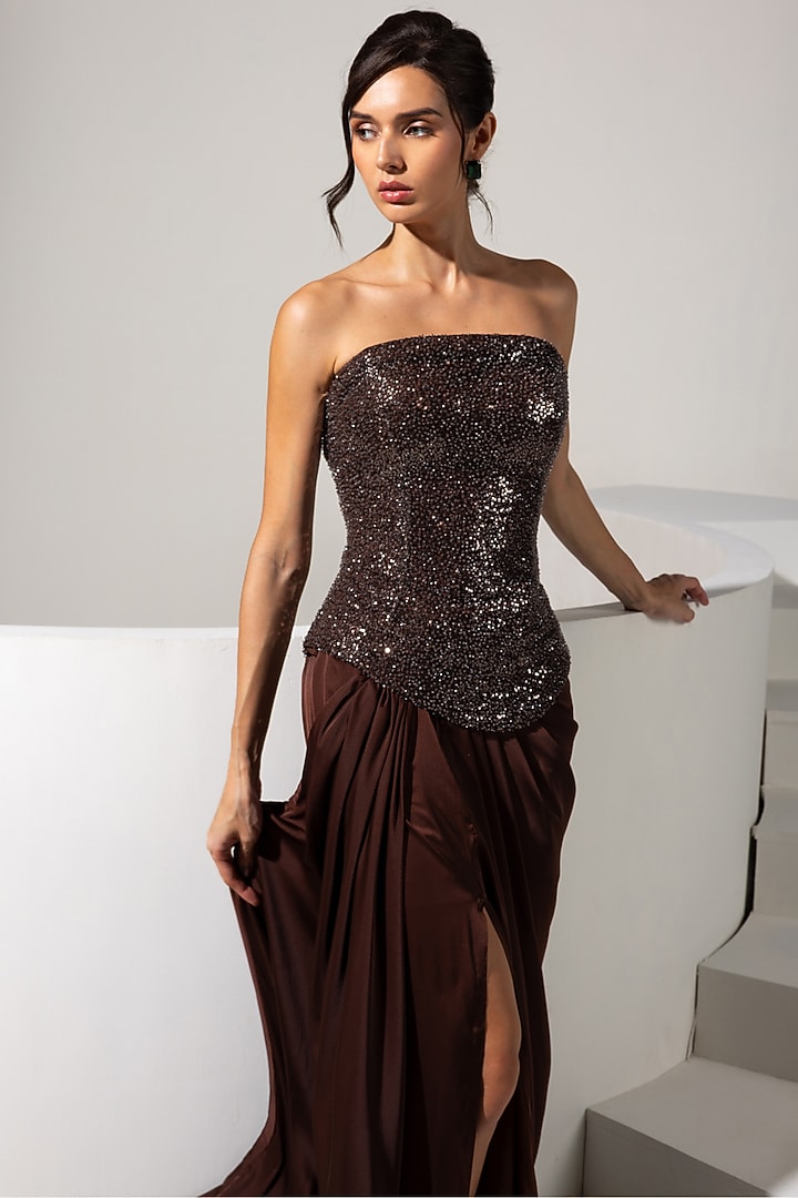 Brown Armani Satin Draped Skirt Set by Vesture at Pernia's Pop Up Shop