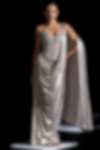 Champagne Metallic Lycra Pre-Draped Wedding Saree Set by Vesture at Pernia's Pop Up Shop