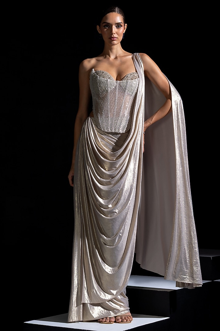 Champagne Metallic Lycra Pre-Draped Wedding Saree Set by Vesture at Pernia's Pop Up Shop