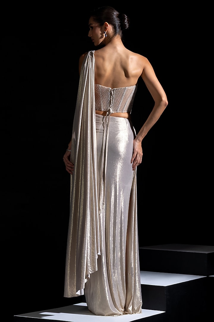 Champagne Metallic Lycra Pre-Draped Wedding Saree Set by Vesture at Pernia's Pop Up Shop