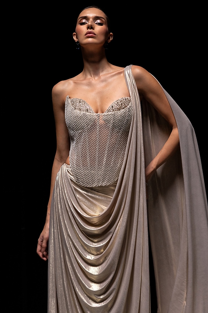 Champagne Metallic Lycra Pre-Draped Wedding Saree Set by Vesture at Pernia's Pop Up Shop
