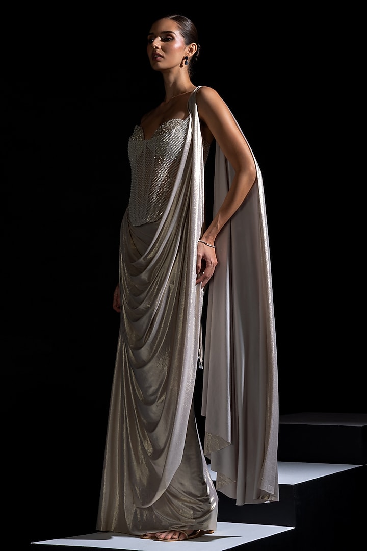 Champagne Metallic Lycra Pre-Draped Wedding Saree Set by Vesture at Pernia's Pop Up Shop