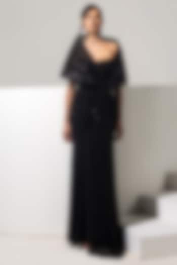 Black Mesh & Stretch Fabric Embellished Engagement Gown by Vesture at Pernia's Pop Up Shop