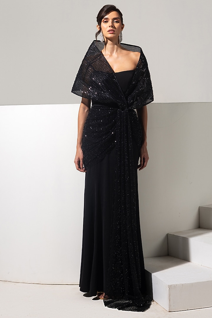 Black Mesh & Stretch Fabric Embellished Engagement Gown by Vesture at Pernia's Pop Up Shop