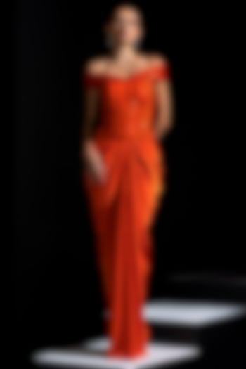 Orange Armani Satin Draped Skirt Set by Vesture at Pernia's Pop Up Shop