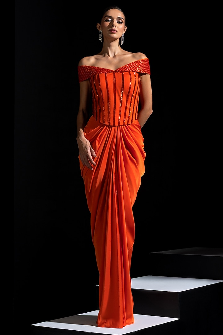 Orange Armani Satin Draped Skirt Set by Vesture at Pernia's Pop Up Shop