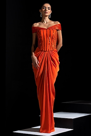 Orange Armani Satin Draped Skirt Set by Vesture