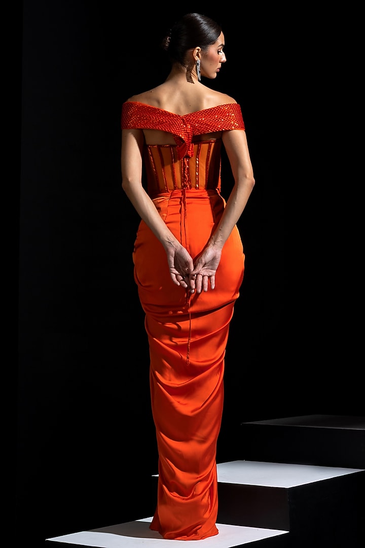 Orange Armani Satin Draped Skirt Set by Vesture at Pernia's Pop Up Shop