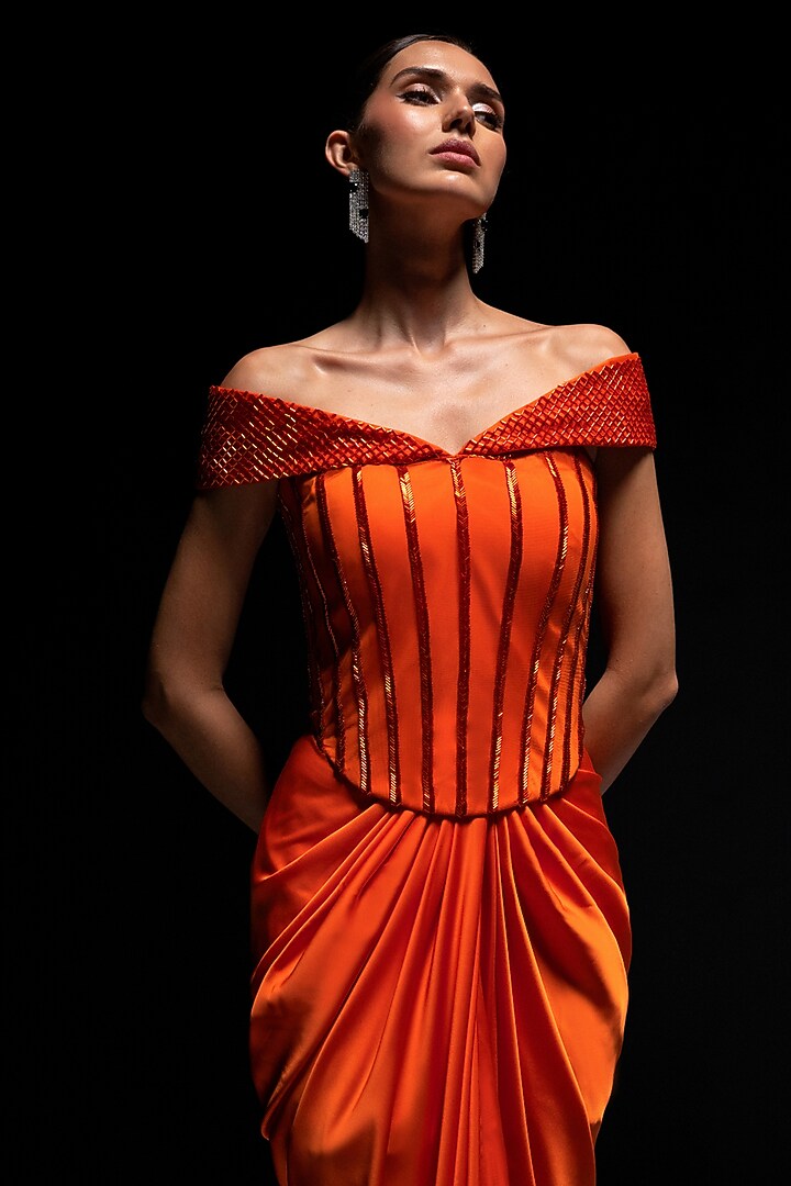 Orange Armani Satin Draped Skirt Set by Vesture at Pernia's Pop Up Shop