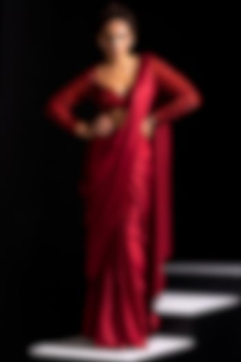 Red Armani Satin Ready-To-Wear Wedding Saree Set by Vesture at Pernia's Pop Up Shop