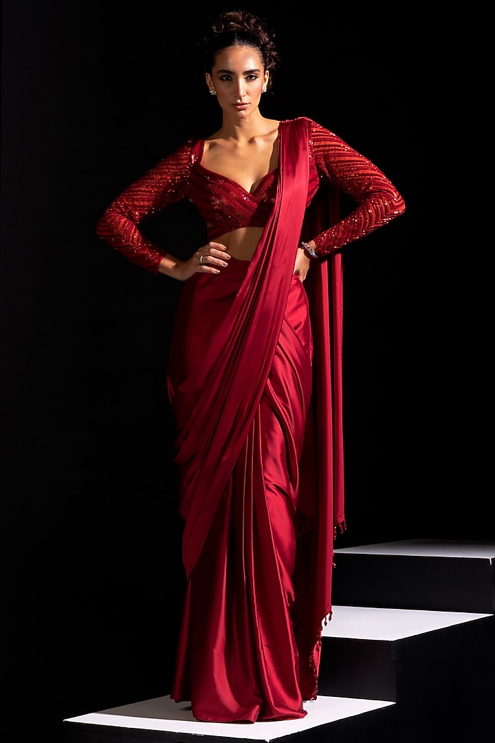 Red Armani Satin Ready-To-Wear Wedding Saree Set by Vesture at Pernia's Pop Up Shop