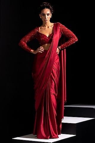 Red Armani Satin Ready-To-Wear Saree Set by Vesture