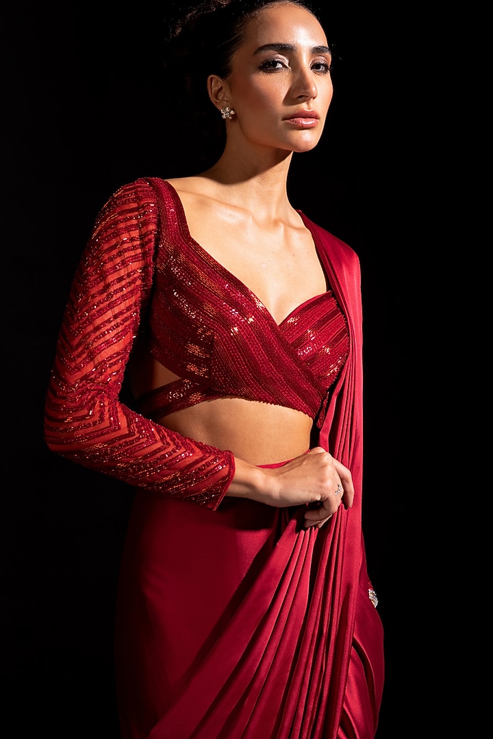 Red Armani Satin Ready-To-Wear Wedding Saree Set by Vesture at Pernia's Pop Up Shop
