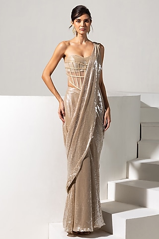 Champagne Imported Sequins Fabric Pre-Draped Saree Set by Vesture