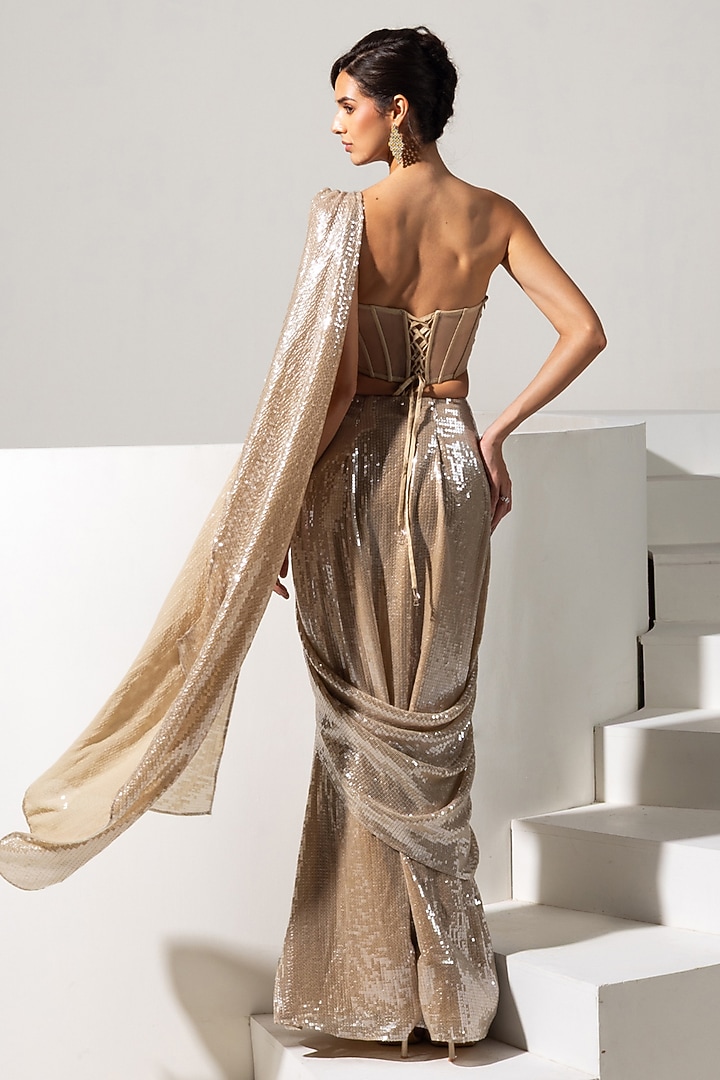 Champagne Imported Sequins Fabric Pre-Draped Wedding Saree Set by Vesture at Pernia's Pop Up Shop