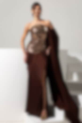 Chocolate Brown Armani Satin Draped Skirt Set by Vesture at Pernia's Pop Up Shop