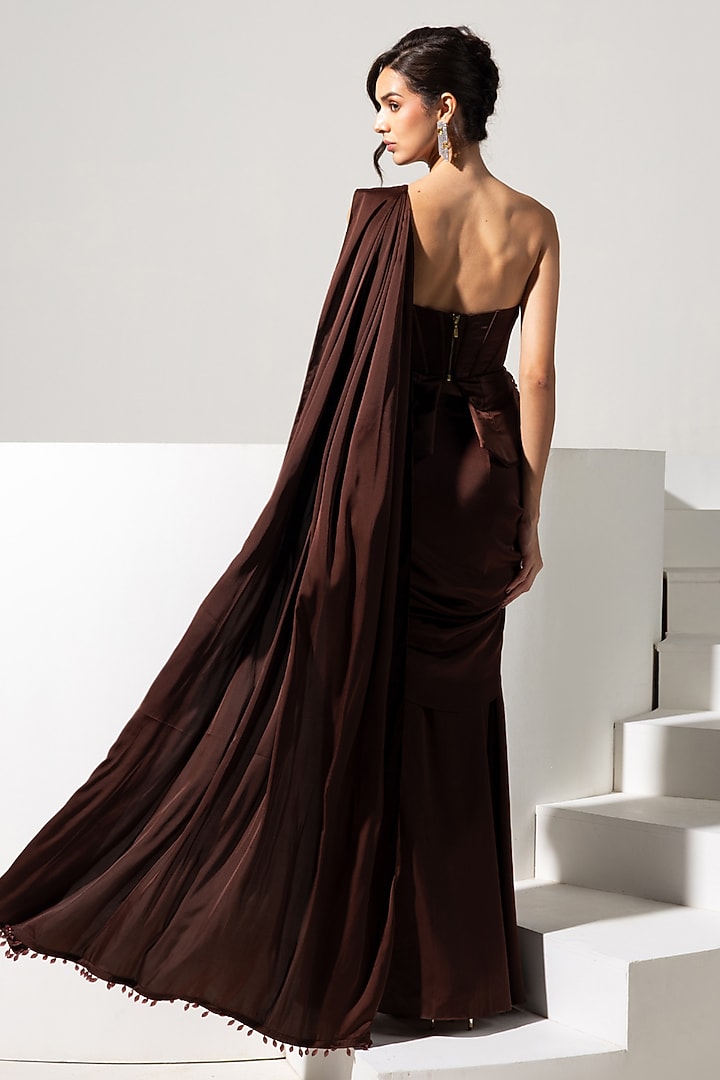 Chocolate Brown Armani Satin Draped Skirt Set by Vesture at Pernia's Pop Up Shop