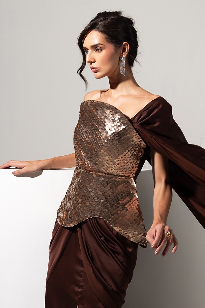 Chocolate Brown Armani Satin Draped Skirt Set by Vesture at Pernia's Pop Up Shop