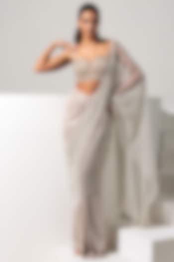 Champagne Metallic Lycra Crystal Embroidered Ready-To-Wear Wedding Saree Set by Vesture at Pernia's Pop Up Shop