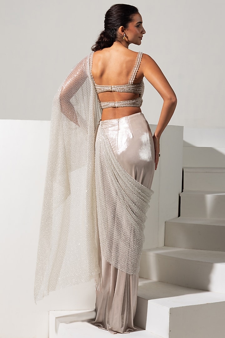 Champagne Metallic Lycra Crystal Embroidered Ready-To-Wear Wedding Saree Set by Vesture at Pernia's Pop Up Shop