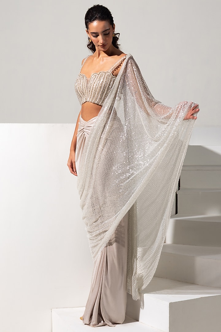 Champagne Metallic Lycra Crystal Embroidered Ready-To-Wear Wedding Saree Set by Vesture at Pernia's Pop Up Shop