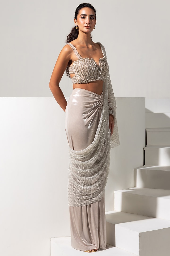 Champagne Metallic Lycra Crystal Embroidered Ready-To-Wear Wedding Saree Set by Vesture at Pernia's Pop Up Shop