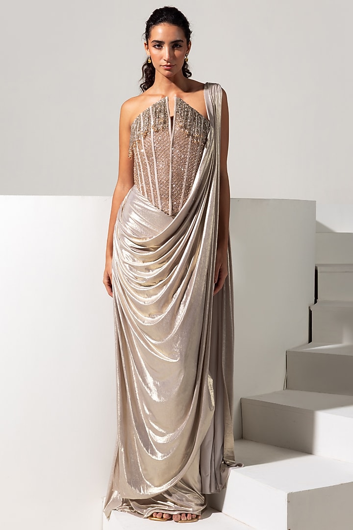Champagne Metallic Lycra & Mesh Draped Wedding Saree Set by Vesture at Pernia's Pop Up Shop