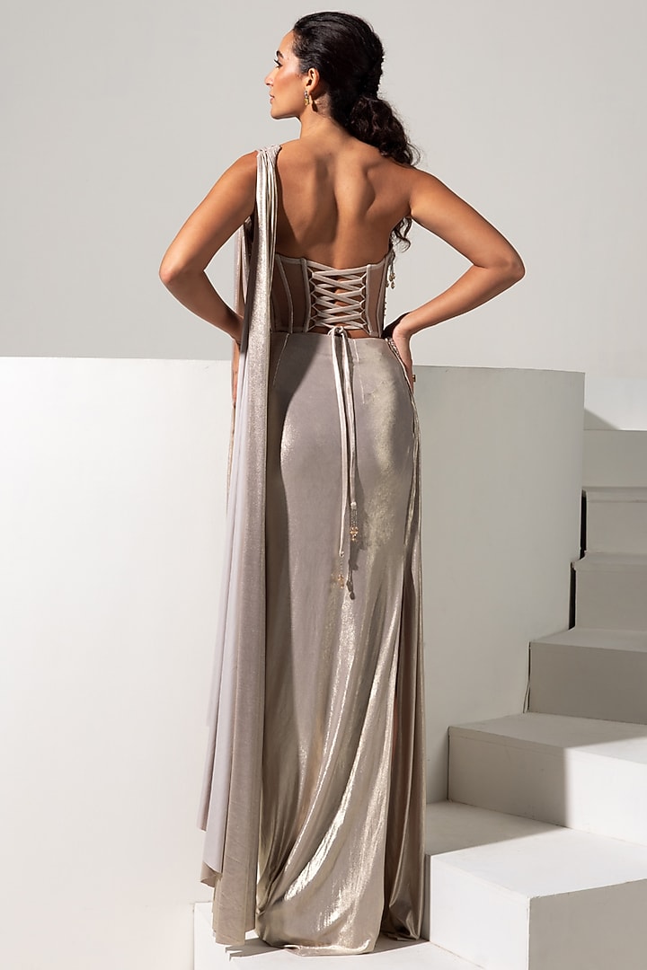 Champagne Metallic Lycra & Mesh Draped Wedding Saree Set by Vesture at Pernia's Pop Up Shop