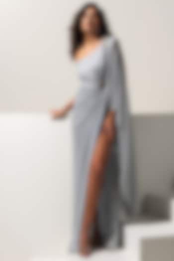 Silver Metallic Crush Crystal Embellished One-Shoulder Party Wear Gown by Vesture at Pernia's Pop Up Shop