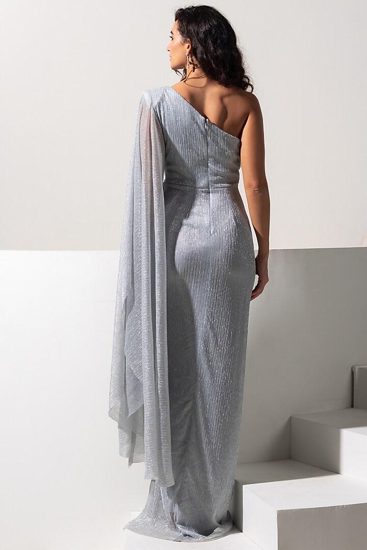 Silver Metallic Crush Crystal Embellished One-Shoulder Party Wear Gown by Vesture at Pernia's Pop Up Shop