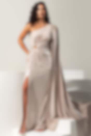Champagne Metallic Lycra Embellished One-Shoulder Party Wear Gown by Vesture at Pernia's Pop Up Shop