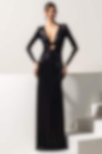Black Metallic Lycra Embellished Party Wear Gown by Vesture at Pernia's Pop Up Shop