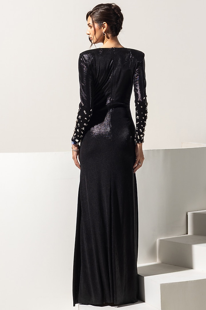 Black Metallic Lycra Embellished Party Wear Gown by Vesture at Pernia's Pop Up Shop