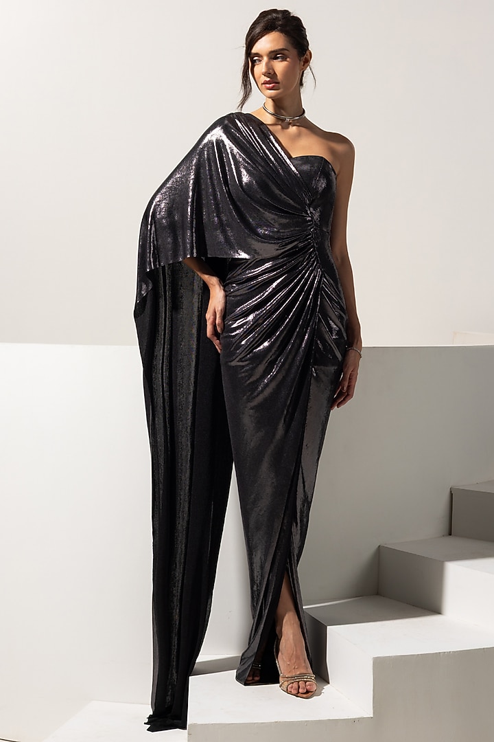 Metallic Grey Metallic Lycra Party Wear Gown by Vesture at Pernia's Pop Up Shop