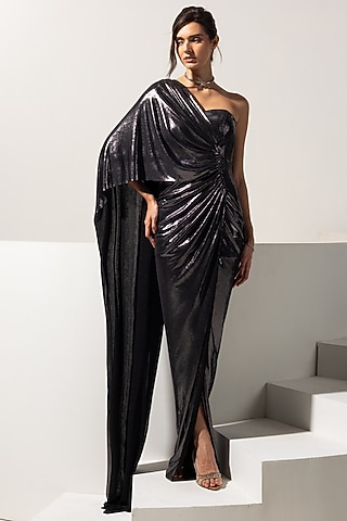Metallic Grey Metallic Lycra Gown by Vesture