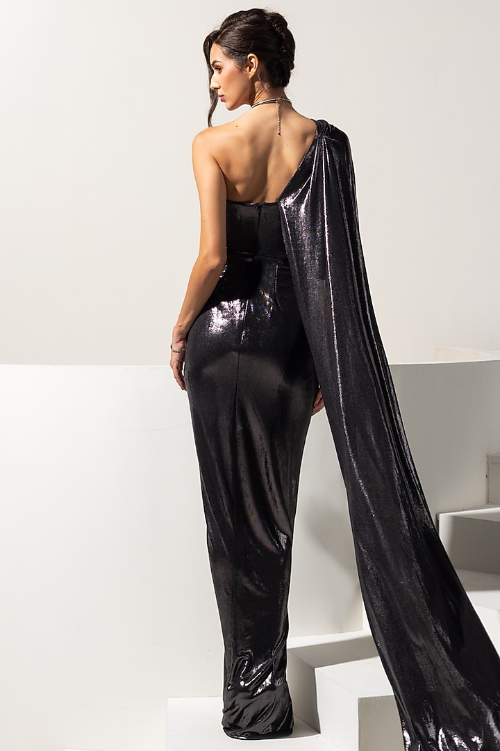 Metallic Grey Metallic Lycra Party Wear Gown by Vesture at Pernia's Pop Up Shop