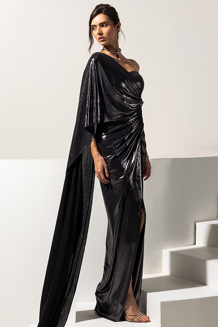 Metallic Grey Metallic Lycra Party Wear Gown by Vesture at Pernia's Pop Up Shop