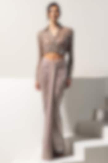 Metallic Brown Metallic Lycra & Sequins Draped Skirt Set by Vesture at Pernia's Pop Up Shop