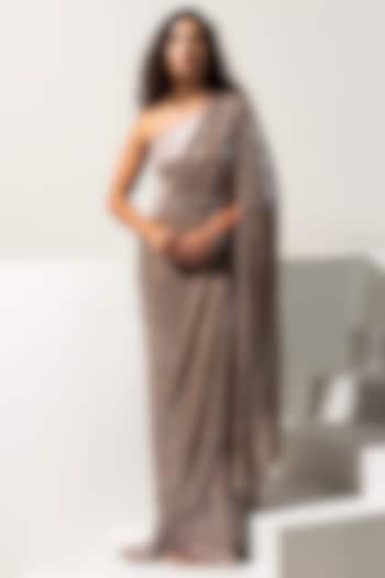 Metallic Brown Metallic Lycra & Sequins Pre-Draped Party Wear Gown Saree Set by Vesture at Pernia's Pop Up Shop