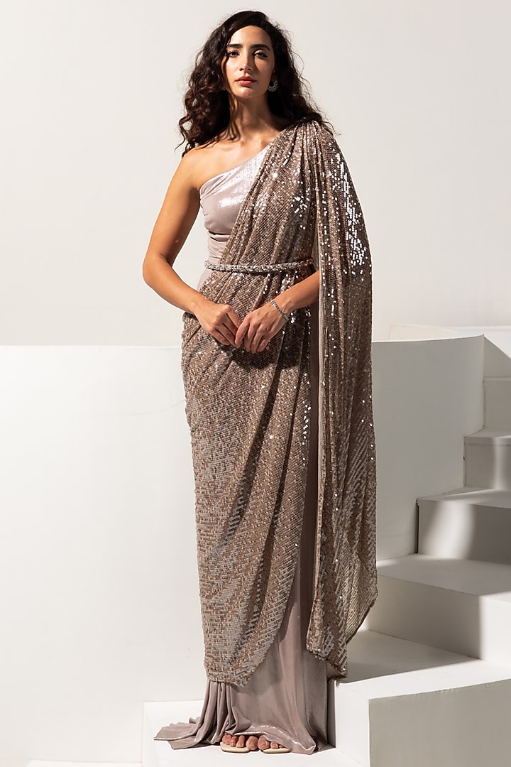 Metallic Brown Metallic Lycra & Sequins Pre-Draped Party Wear Gown Saree Set by Vesture at Pernia's Pop Up Shop