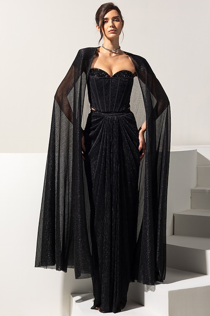 Black Metallic Crush Cape Set by Vesture at Pernia's Pop Up Shop