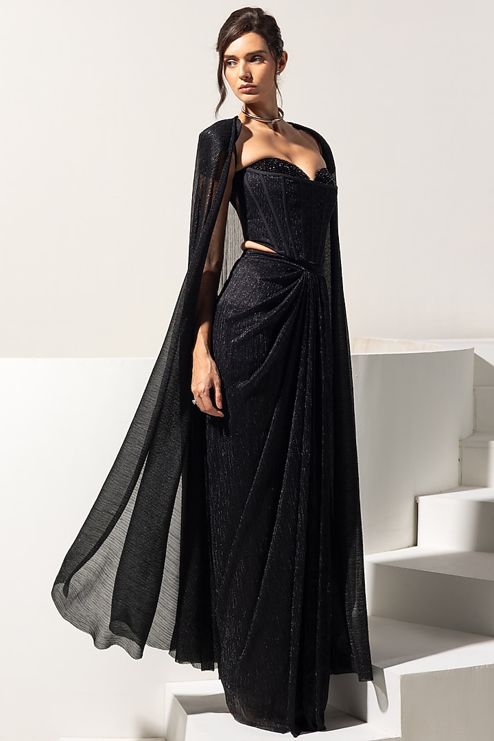Black Metallic Crush Cape Set by Vesture at Pernia's Pop Up Shop