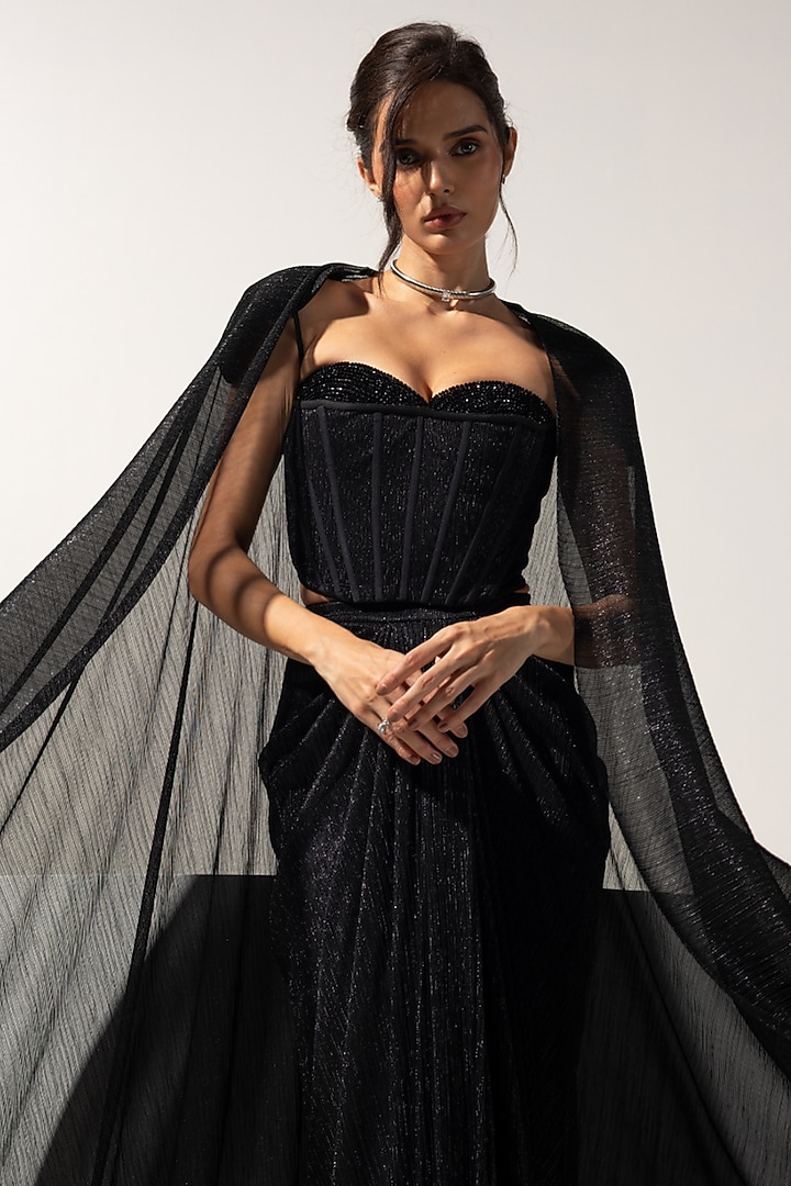 Black Metallic Crush Cape Set by Vesture at Pernia's Pop Up Shop