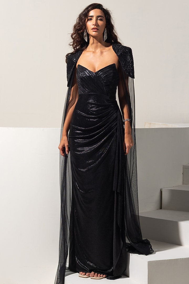 Black Metallic Lycra & Mesh Cape Set by Vesture at Pernia's Pop Up Shop